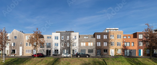 Modern colorful row houses with diverse architectural styles in Vathorst, Amersfoort in the Netherlands.