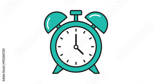 A retro-styled turquoise alarm clock with a white face and black hands is standing on a plain white background.