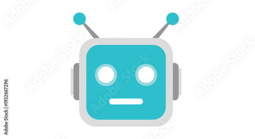 A stylized robot head with a square turquoise body, white eyes, and grey antennae is depicted on a plain white background.