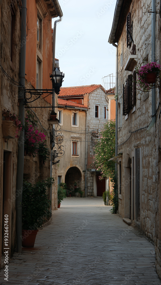 Fototapeta premium Narrow cobblestone street with ancient stone houses in Old Town