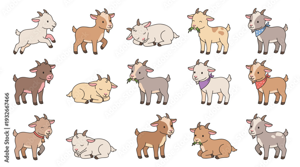 Fototapeta premium Cute cartoon baby goat vector set collection. Various poses of little farm animals standing, sleeping, jumping, and eating. Adorable livestock illustration design elements.