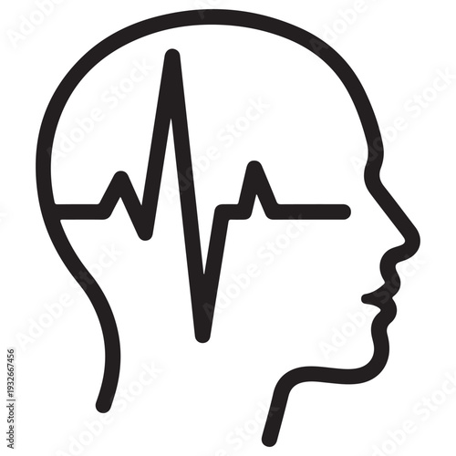 Human head profile icon with pulse wave representing brain activity and mental health monitoring in a minimalist black line art style for medical and psychological concepts.