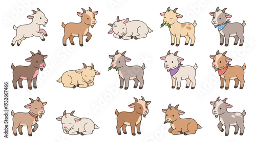 Cute cartoon baby goat vector set collection. Various poses of little farm animals standing, sleeping, jumping, and eating. Adorable livestock illustration design elements.