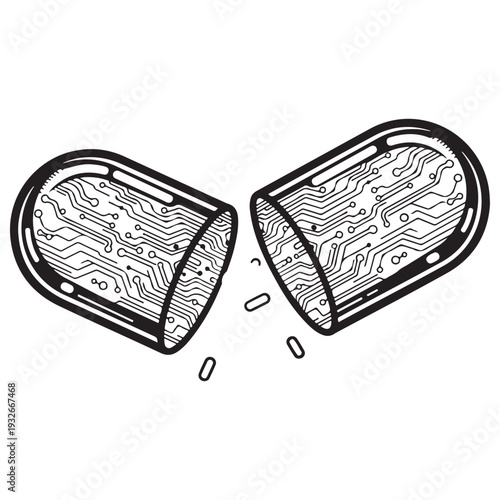 Digital medicine capsule split open revealing intricate electronic circuit board patterns inside representing biohacking and nanotechnology in a clean black and white line art illustration.