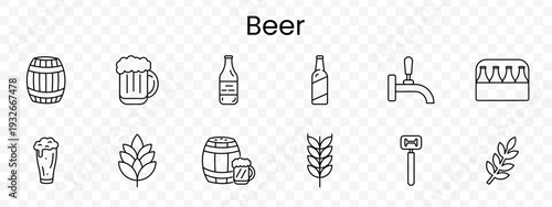 Beer set icon. Outline brewery elements, wooden barrel, foam mug, glass bottle, tap faucet, bottle pack, wheat ear, hop cone, opener, barley branch.