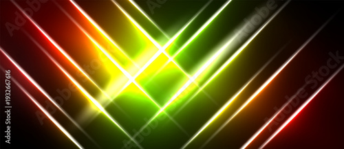 Abstract neon lights form chevron pattern. Bright colors radiate from central point, creating dynamic visual effect. Dark background enhances luminosity.