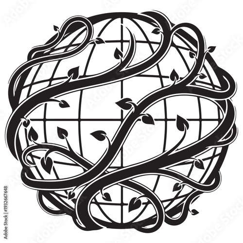Black and white vector illustration of a globe planet earth wrapped in growing organic vines and leaves, symbolizing global ecology, environmental conservation, and green sustainability.