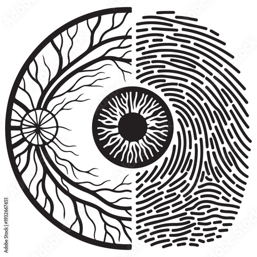 Conceptual Biometric Eye Illustration Merging Fingerprint and Retinal Scan Patterns for Identity Security and Surveillance Technology, Minimalist Black and White Vector Line Art Design.