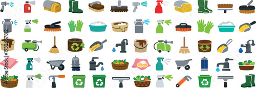Cleanical Farm Tools and Equipment Icon Set with Gardening and Waste Management