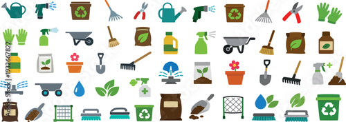 Cleanical Gardening and Recycling Icon Set with Tools and Planting Supplies