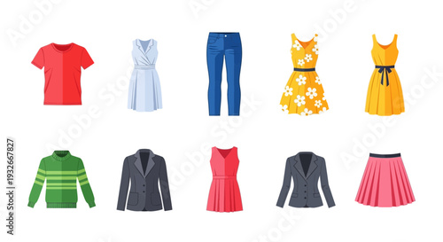 Colorful Women's Fashion and Apparel Flat Vector Icon Set Featuring Casual and Formal Clothing
, vector illustration of clothes