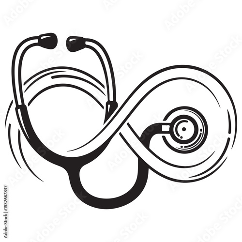Minimalist black and white stethoscope illustration shaped into an infinity symbol representing eternal healthcare, medical dedication, and lifelong nursing care on a clean white background.