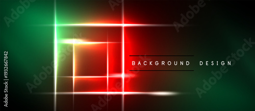 Abstract neon rectangles overlap, creating vibrant light effects. Dark background emphasizes glowing lines, modern design element.
