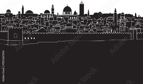 Jerusalem skyline silhouette vector illustration featuring old city walls and holy sites