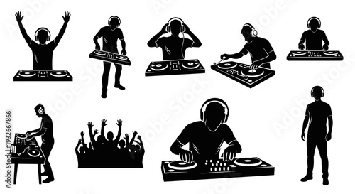 Professional DJ Silhouette Vector Icon Set Featuring Disc Jockeys Mixing and Performing at Nightclub Events