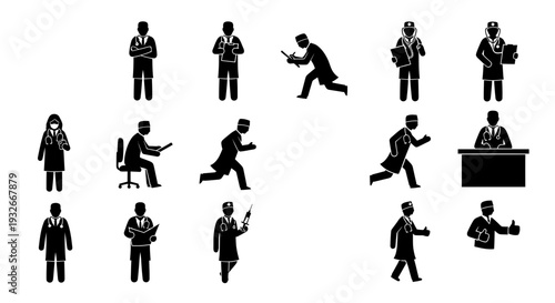 Medical Professional and Healthcare Staff Silhouette Vector Icon Set Featuring Various Doctor and Nurse Poses