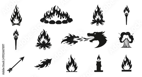 Fire and Flame Silhouette Vector Icon Set Featuring Campfires, Torches, and Fire-Breathing Dragon