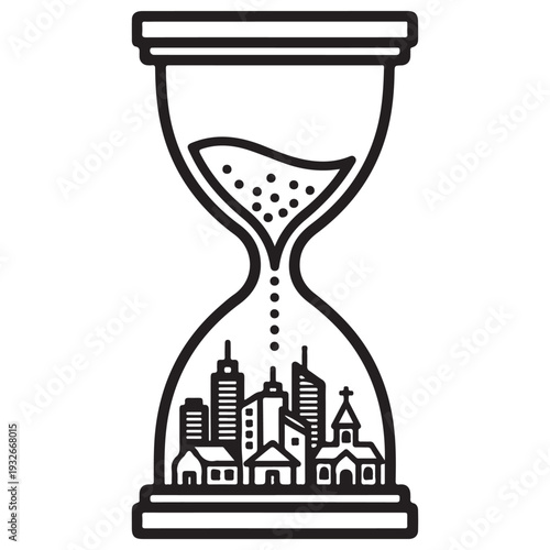 Conceptual black and white line art icon of an hourglass with sand falling into a miniature city skyline, symbolizing urban evolution, time management, and environmental urgency.