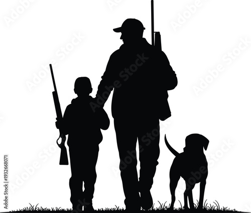 Father and son hunting silhouette with shotguns and dog walking in field at sunset for outdoor sport and family tradition, 20 words.