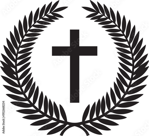 Religious cross with laurel wreath silhouette vector illustration for memorial decorations