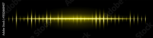 Horizontal light waveform composition. Bright glowing line, vertical pulse spikes, radiant center, dark gradient backdrop, abstract audio signal atmosphere, luminous energy effect.