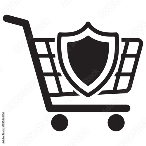 Minimalist black shopping cart icon with a protective shield symbol inside representing secure online transactions, buyer protection, and safe e-commerce checkout processes on white background.