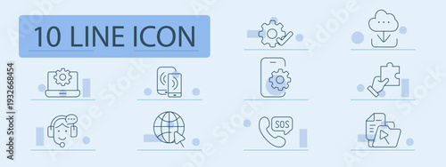 Support service set icon. Settings laptop, mobile control, headset operator, globe connection, sos call, document folder, gear configuration, cloud message, puzzle solution, technical assistance.