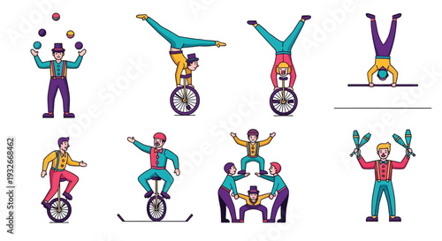 Colorful illustration of diverse circus performers and acrobatic acts