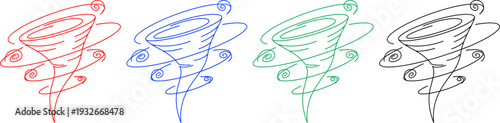 Swirling tornado wind storm weather icons set in red blue green black isolated on checkered pattern