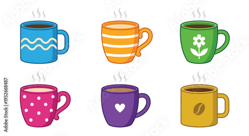 Colorful cartoon mugs filled with steaming hot beverages displayed together