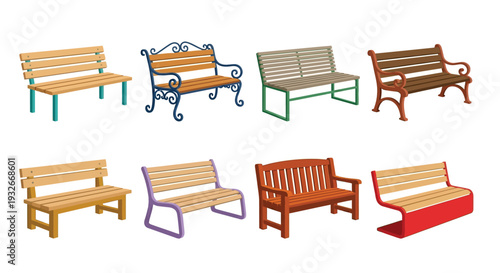 Collection of cartoon park benches in various styles and colors