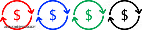 Cash circulation arrow cycle icon with dollar sign set red blue green black isolated on background