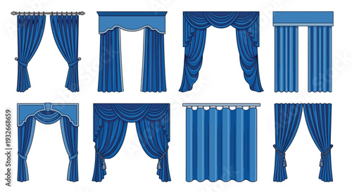 Variety of blue curtain designs and valances displayed on white background