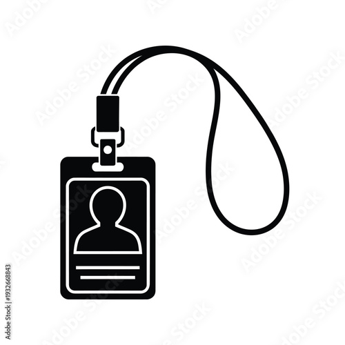 Simple black and white icon of an identification badge with lanyard