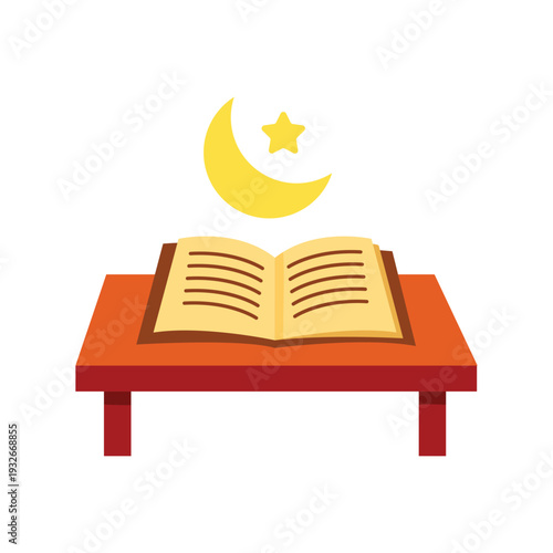 Quran on Table Under Crescent Moon Illustration