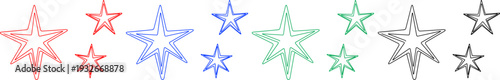 Sparkling star shapes with thin line outlines in four colors isolated on checkered background vector