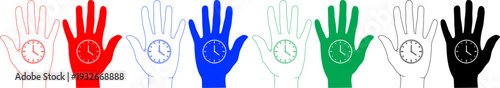 Human hand palm holding clock time concept illustration in colorful variations isolated on backdrop