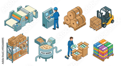 Isometric illustration of a paper production and packaging facility