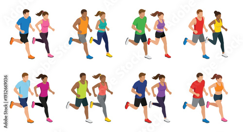 Diverse group of people running and jogging illustrated vector figures