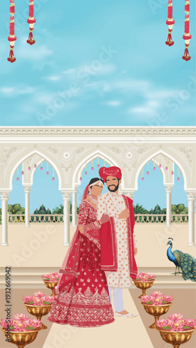 Royal Indian Wedding Couple in Palace Setting with Lotus and Peacock Illustration