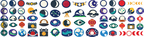Total Lunar Eclipse Icon Set Blood Moon Astronomy Celestial Event Collection