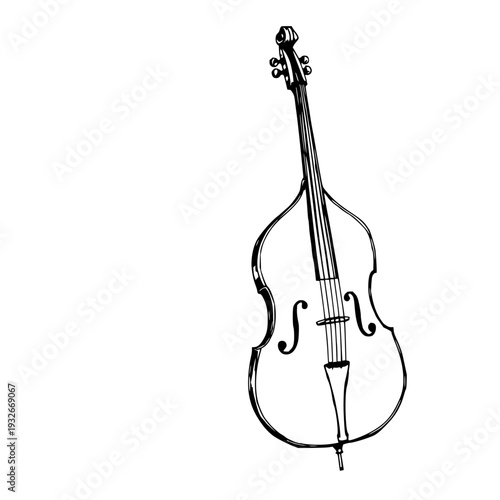 Sketchbook style illustration of an upright double bass in black ink, artistic textures, white background for music sheet design