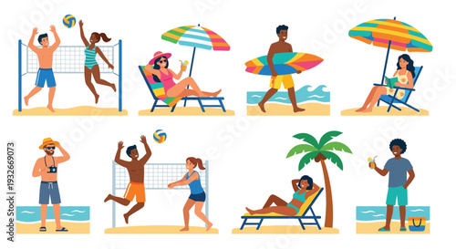 People enjoying a sunny day at the beach with volleyball and relaxation