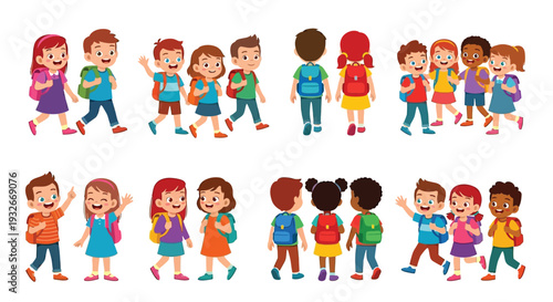 Diverse group of cartoon children walking with backpacks to school