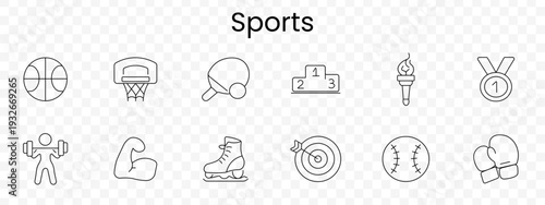 Sports set icon. Outline athletic symbols, basketball, hoop, table tennis paddle, podium ranking, torch flame, medal, weightlifting, flexed arm, ice skate, target board, baseball, boxing gloves.