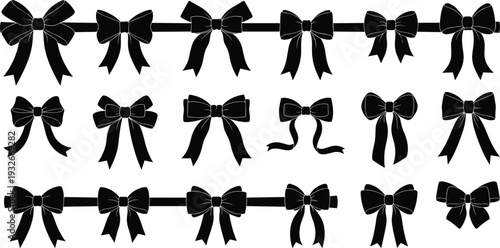 Black ribbon bows collection with decorative gift bowknots silhouettes elegant vector illustration set isolated on transparent background