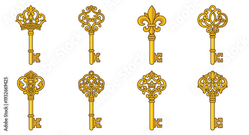 Ornate golden keys and fleur de lis designs arranged in a symmetrical pattern