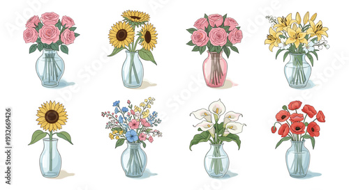 Elegant flower arrangements in glass vases with roses sunflowers lilies and poppies realistic floral vector illustration set