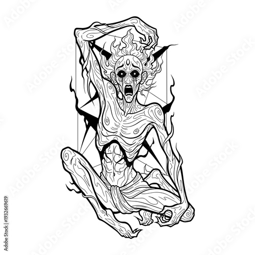 Black and white sign depicting endless torment, featuring abstract shapes and dark imagery that evoke a sense of despair. Creepy skeleton figure with fiery hair sitting in a distressed pose  