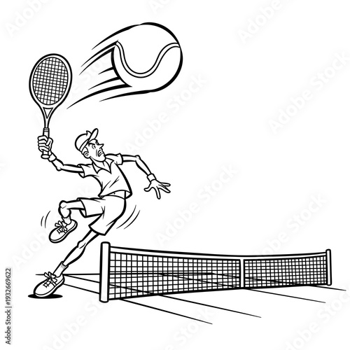 Tennis player vigorously hitting a ball with racket on the court  